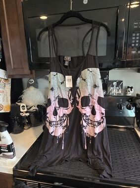 Killstar Black Tank Top with Pink Skull Graphic